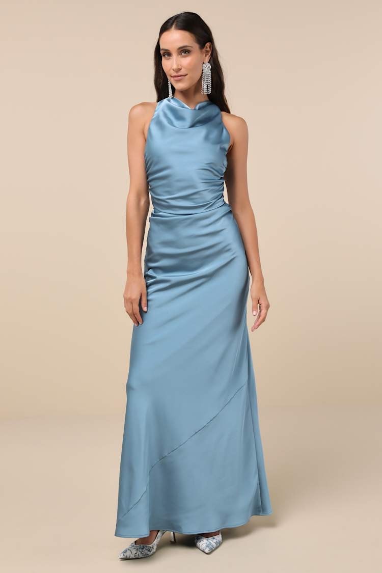 Nwot Lulus Effortlessly Sensational Slate Blue Satin Backless Maxi Dress Size L